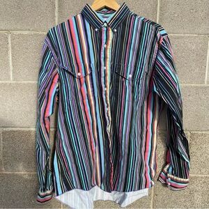 VINTAGE 90s Wrangler Striped Brushpopper Western Rodeo Cowboy Shirt XL Long Tail
